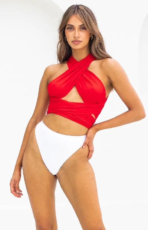 Vera Wrap Crop Top Red Handmade Hand-knitted Hand-woven