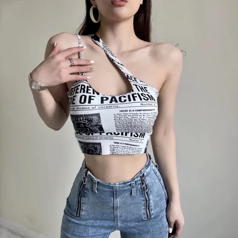 Women Newspaper Print Crop Top Collared Crew Neck Turtle Neck