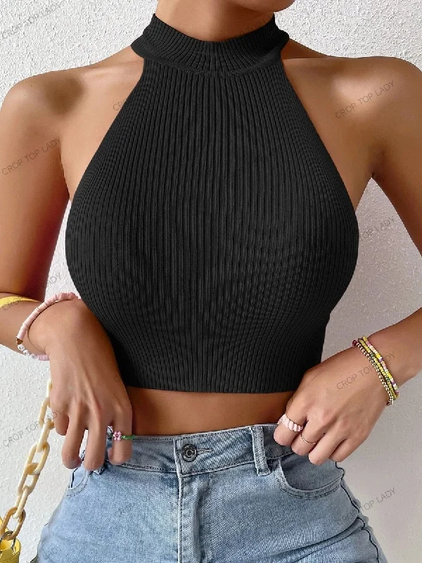 Women Ribbed Knit Crop Top Zippered Front Buttoned Front Snap Front