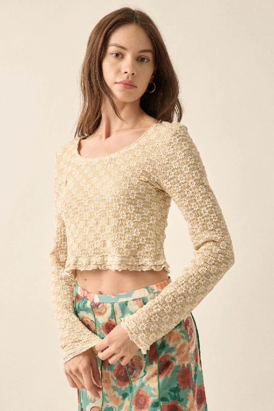 Darling Daisy Floral Lace Long-Sleeve Crop Top Mesh Fabric Canvas Fabric Denim Fabric