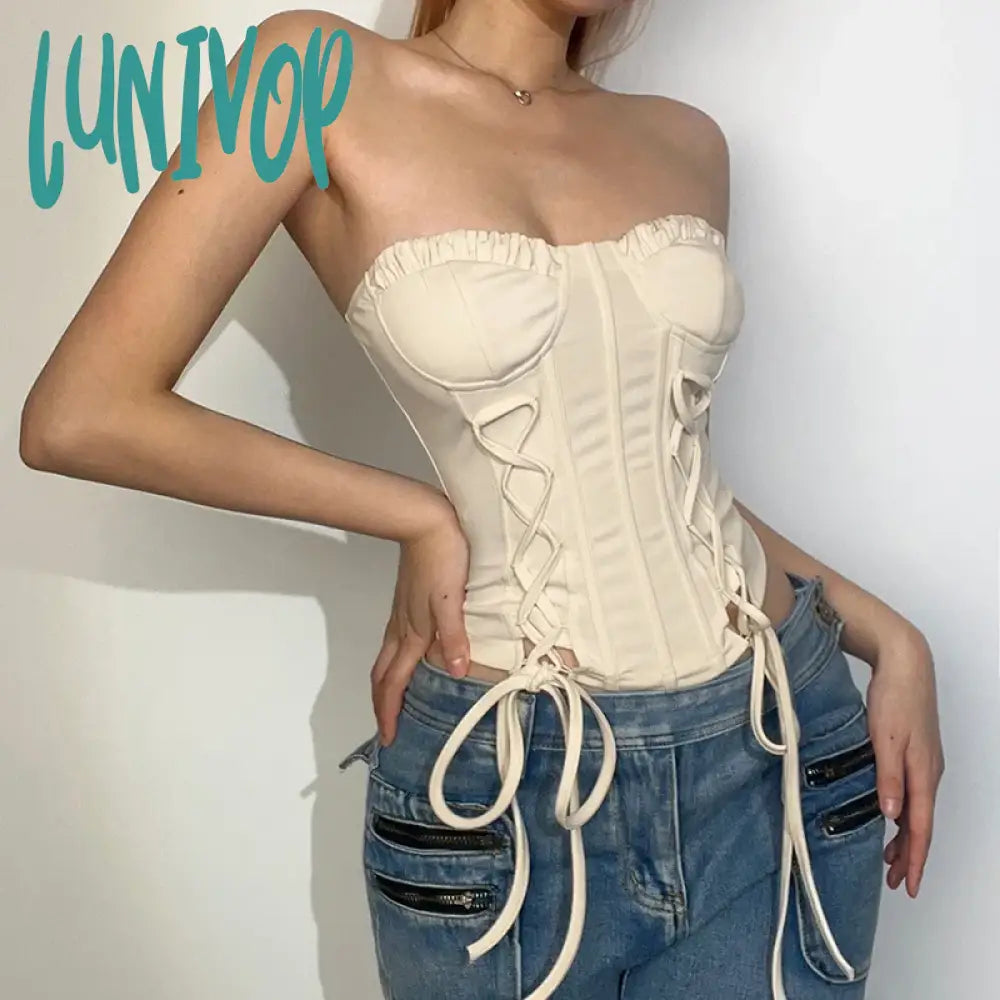 Lunivop Harajuku Kawaii Vintage Cami Vest Hot Girl Crop Top White Lace Frill Zipper High Waist Bandage Slim Fit Corset Y2K Top Women Fleece Nylon Spandex