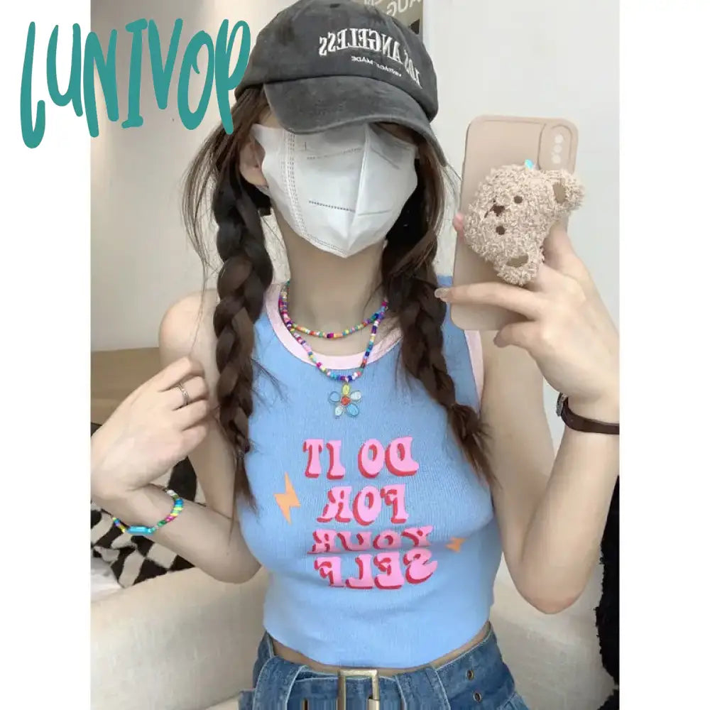 Lunivop Y2k E-Girl Letter Printed Sweet Vest for Women Sexy Crop Top Slim Fit Knitted Tank  2024 Summer New O-neck Sleeveless s Zippered Buttoned Snapped