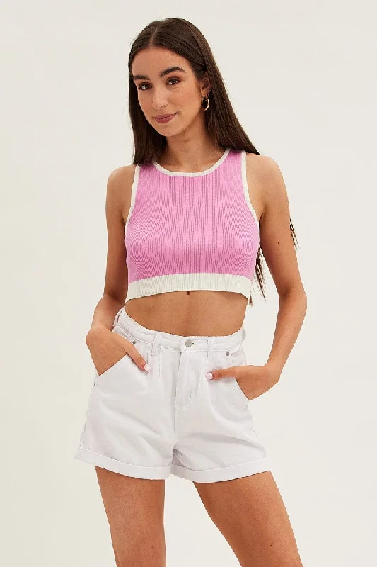 Pink Crop Top Knit Contrast Binding Print Jacquard Patchwork