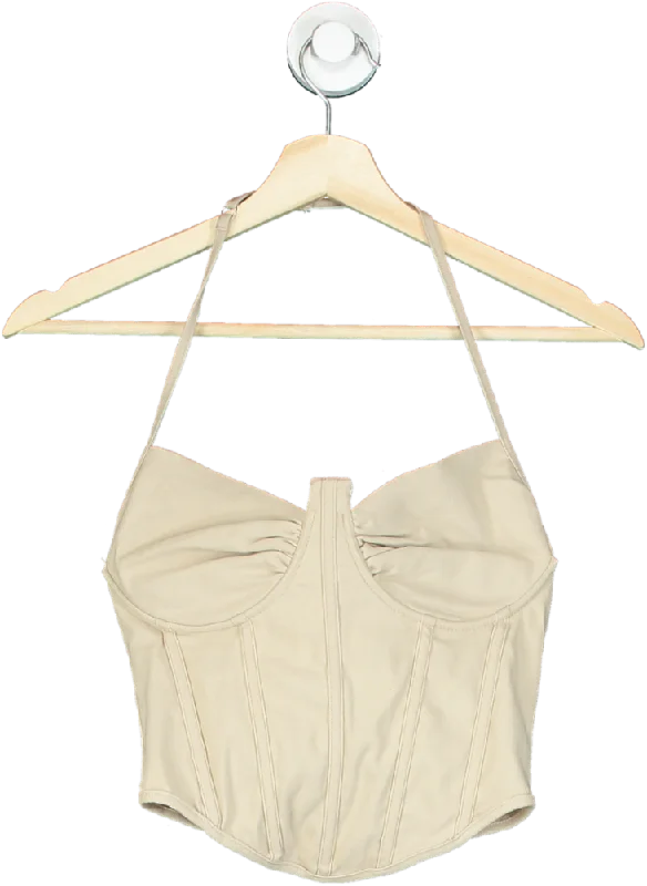 Pretty Little Thing Beige Halter Neck Crop Top UK 10 Anti-Pilling Machine Wash Handmade