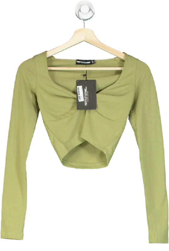 Pretty Little Thing Khaki Cotton Twist Front Long Sleeve Crop Top UK 10 Wool Fabric Cashmere Fabric Tweed Fabric