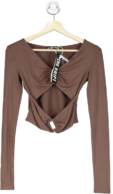 The Kript Brown Long Sleeve Crop Top UK S Crop Top Seamless Stretchy