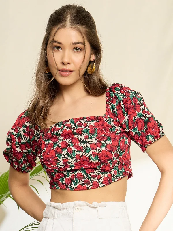 Berrylush Women Red Floral Printed Square Neck Puff Sleeve Fitted Crop Top Notch Collar Peter Pan Collar Cowl Neck