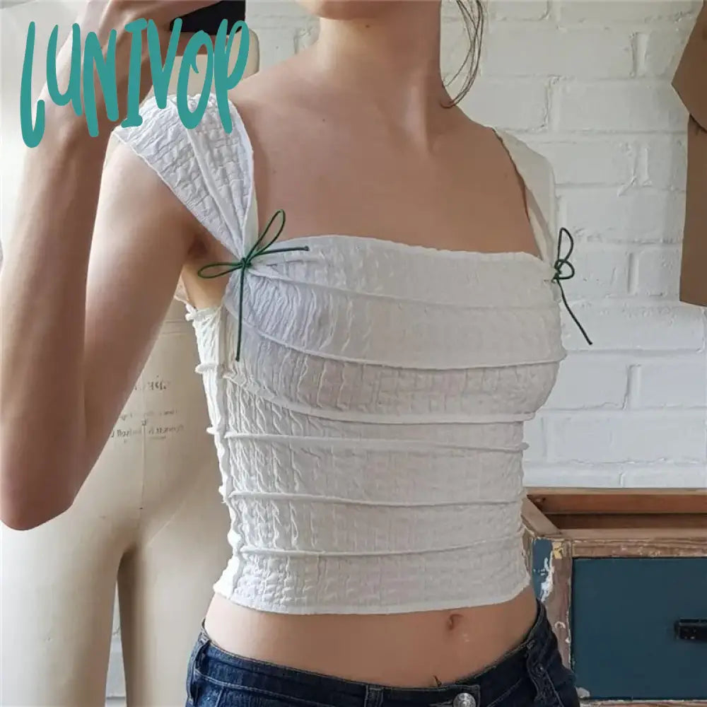 Lunivop Vintage Folds Bow Tie Strap Tank Top Y2K Fairycore Grunge French Mini Vest Retro Chic Women Slim Fit Crop Top Clothes Striped Floral Plaid