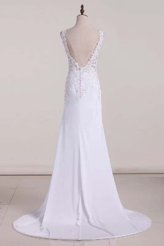 Sexy Open Back V Neck Spandex Wedding Dresses Mermaid With Applique And Beads Tunics Recommended stylist