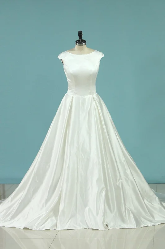 Sexy Open Back Wedding Dresses A Line Scoop Satin Court Train Tunics Practical durable