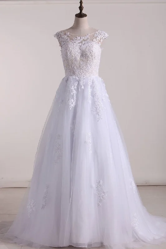 Sexy Open Back Wedding Dresses Bateau Tulle With Applique A Line Tunics Practical easy-care