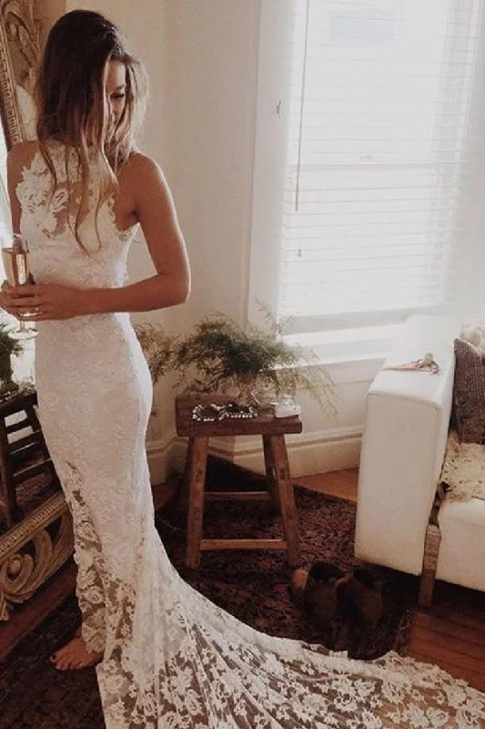 Sexy Open Back Wedding Dresses Mermaid High Neck Lace With Slit Tunics Trendy modern