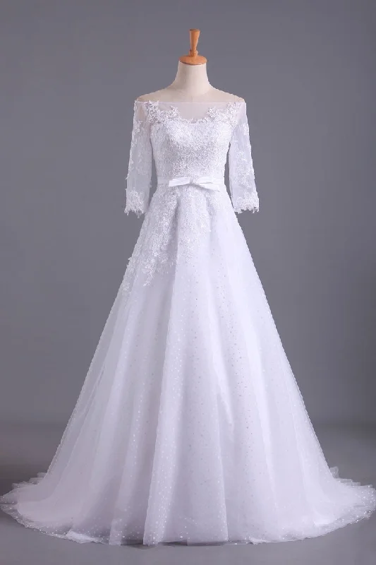 Shiny Wedding Dresses Bateau Half Length Sleeve A Line With Applique Tunics Satin smooth