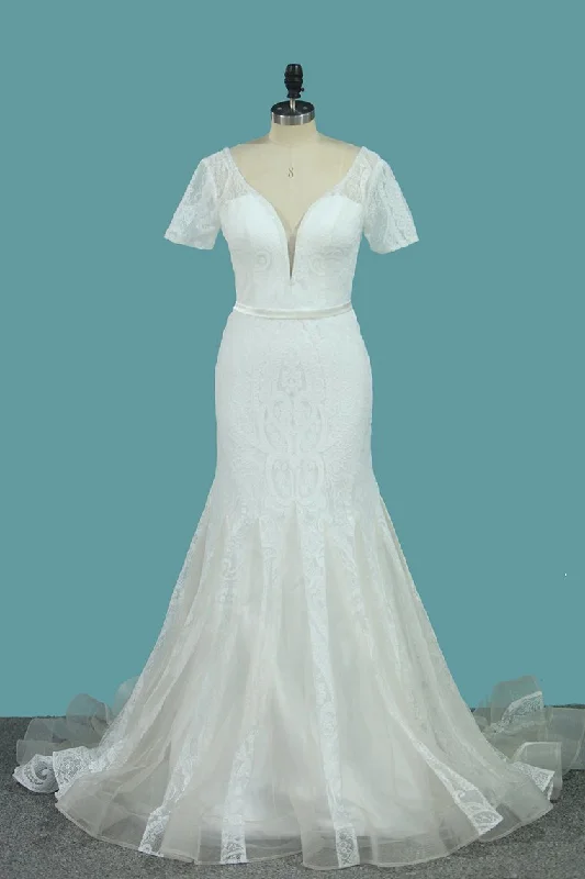 Short Sleeve Wedding Dresses Tulle Mermaid With Applique And Sash Sweep Train Tunics Distressed trendy