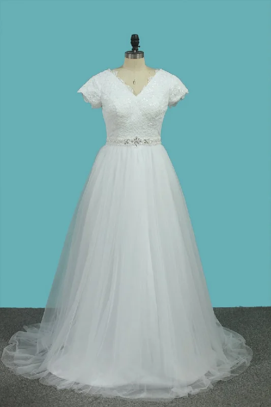 Short Sleeves V Neck Wedding Dresses Tulle & Lace With Beading Tunics Leisure comfortable