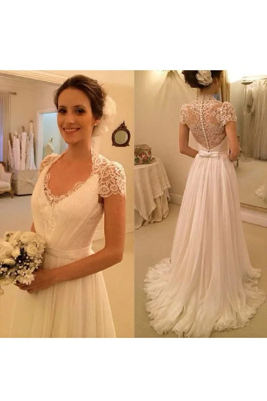 Short Sleeves Wedding Dresses A Line Chiffon With Applique And Sash Tunics Business professional