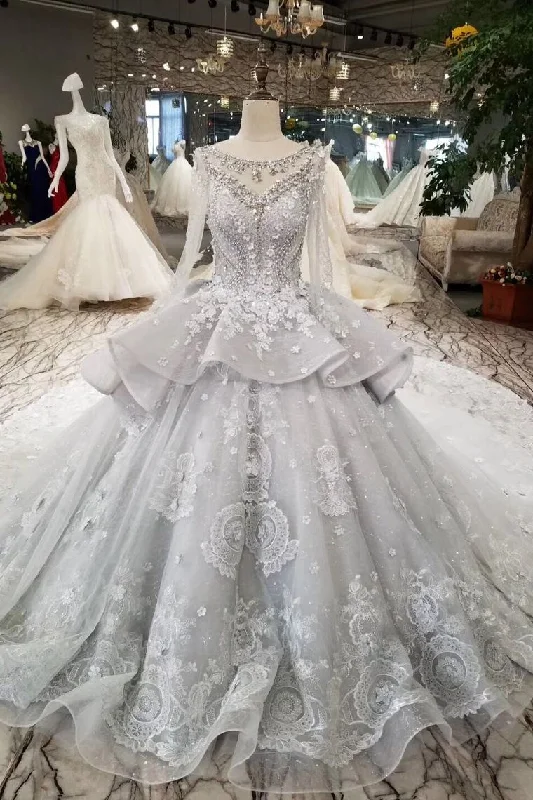 Silver Wedding Dresses Ball Gown Long Sleeves Royal Train Top Quality Lace With Applique & Beading Tunics Seasonal trendy