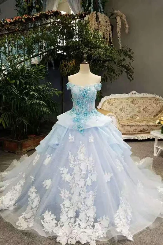 Sky Blue Floral Wedding Dress Shiny Tulle Lace Off The Shoulder Lace Up With Beads Handmade Flowers Tunics Handmade artisanal