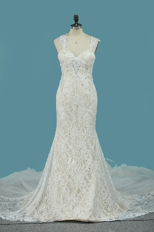 Spaghetti Straps Lace Mermaid Wedding Dresses With Beads Court Train Tunics Cozy comfortable