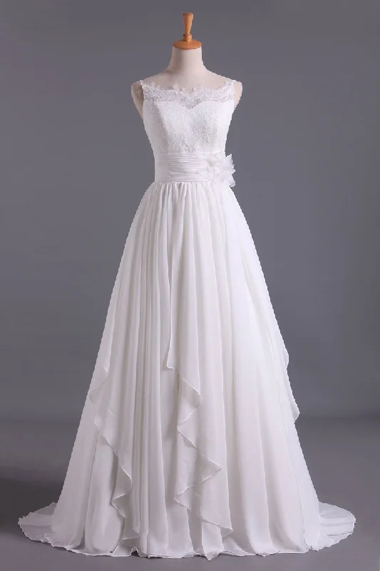 Spaghetti Straps With Applique & Handmade Flowers Chiffon A Line Wedding Dresses Tunics Winter warm