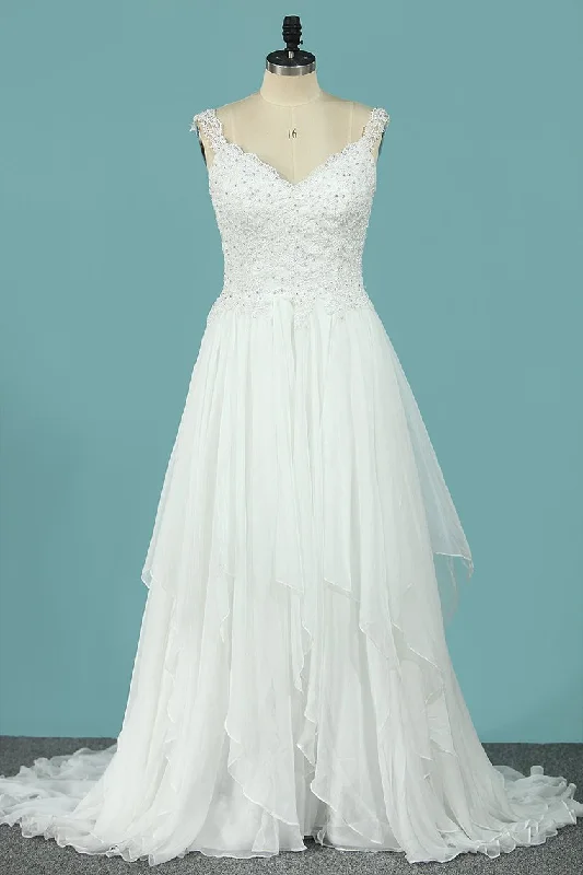 Straps 30D Chiffon Wedding Dresses A Line With Applique Sweep Train Square Neckline Feminine