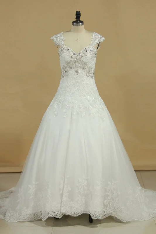 Straps A Line Wedding Dresses With Applique And Beads Tulle Tunics Short Trendy