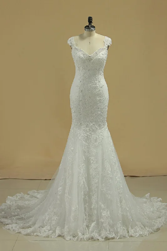 Straps Mermaid/Trumpet Wedding Dresses Tulle With Applique Chapel Train Tunics Silk luxurious