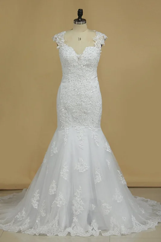 Straps Mermaid Wedding Dresses Tulle With Applique And Beads Tunics Polka dots