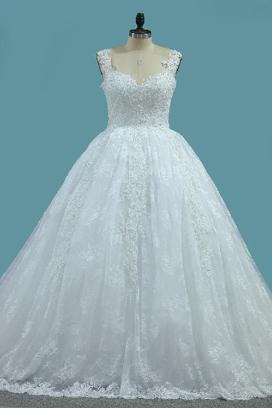 Straps Tulle Ball Gown Wedding Dresses With Applique Chapel Train Tunics Business professional