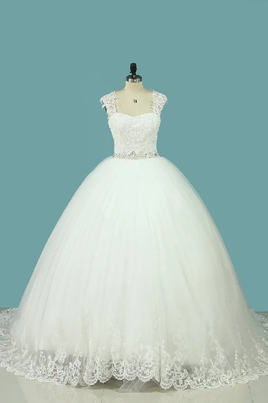 Straps Wedding Dresses Tulle With Applique And Beaded Waistline Open Back Tunics Seasonal trendy