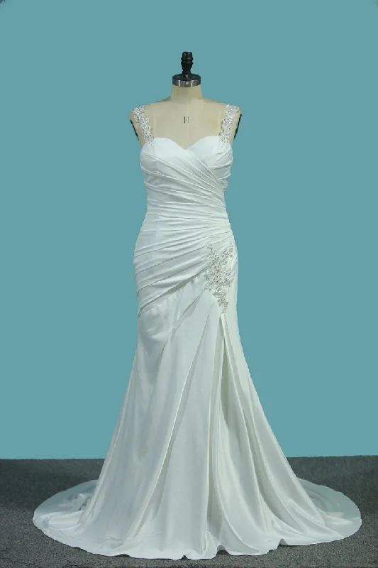 Stretch Satin Wedding Dresses Mermaid With Beads And Ruffles New Arrival Tunics Summer linen