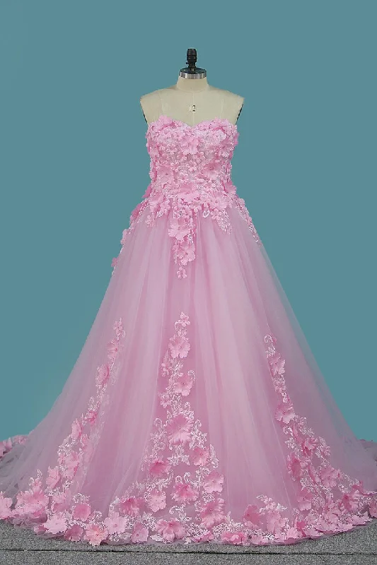 Sweetheart A Line Tulle Wedding Dresses With Sash And Handmade Flower Tunics Versatile functional