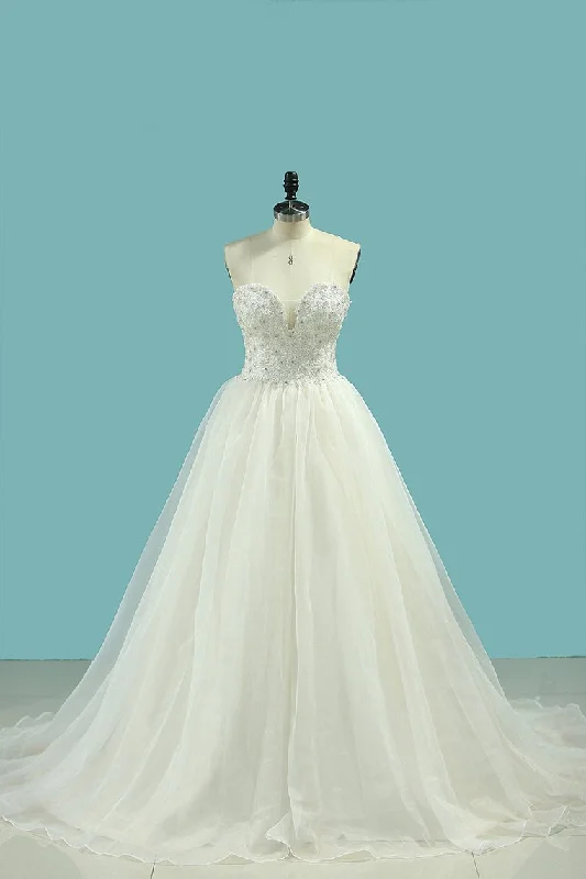 Sweetheart Beaded Bodice Organza Wedding Dresses A Line Floor Length Tunics Trendy modern