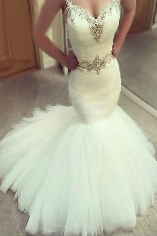 Sweetheart Mermaid Wedding Dresses Straps Beaded Belt Ruffles Tulle Crew Neckline Sporty