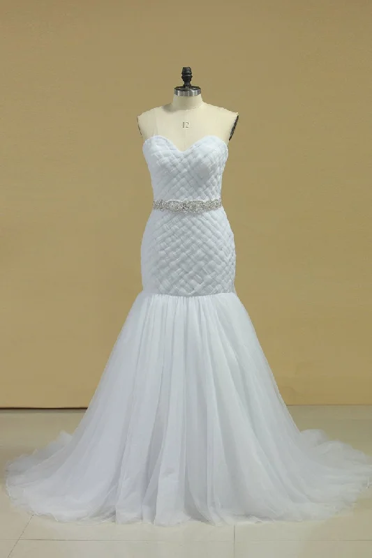 Sweetheart Ruffled Bodice Mermaid Wedding Dress Tulle With Beading Tunics Satin smooth