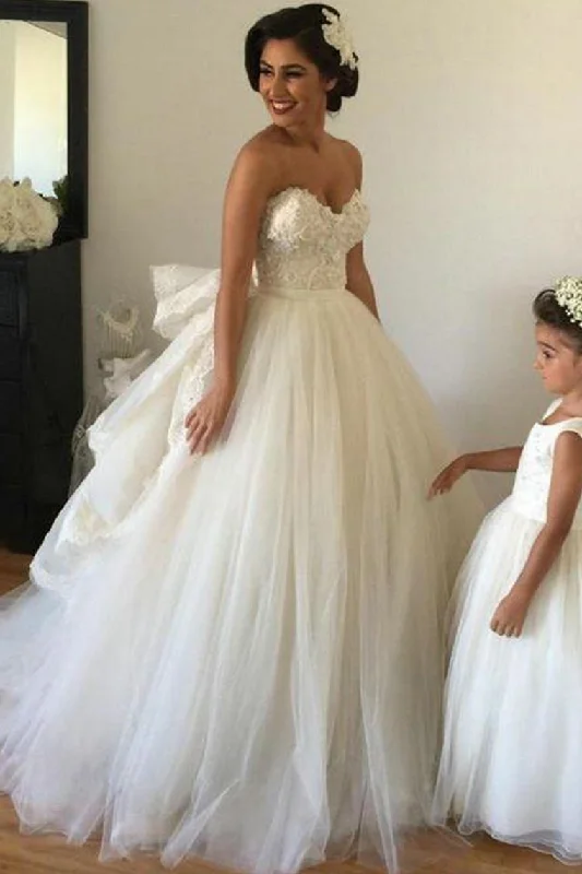 Sweetheart Wedding Dresses A Line Tulle With Applique Sweep Train Tunics Evening elegant