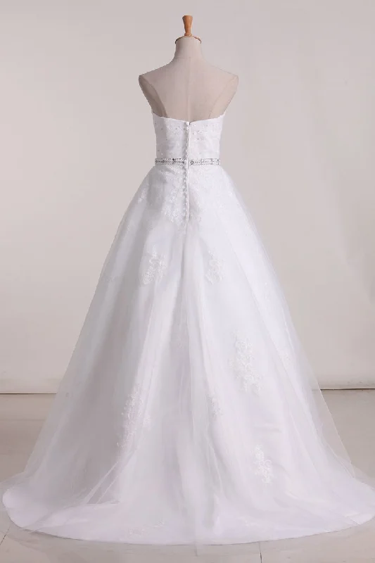 Sweetheart Wedding Dresses A Line Tulle With Applique Sweep Train Tunics Party sparkling