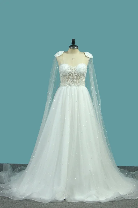 Sweetheart Wedding Dresses A Line Tulle With Beads Sweep Train Tunics Ceremony elegant