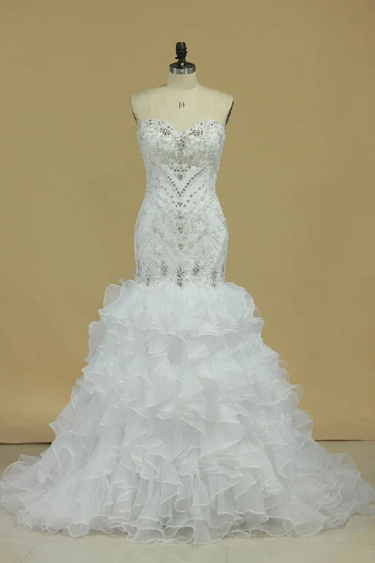 Sweetheart Wedding Dresses Beaded Bodice Organza Chapel Train Tunics Brand named