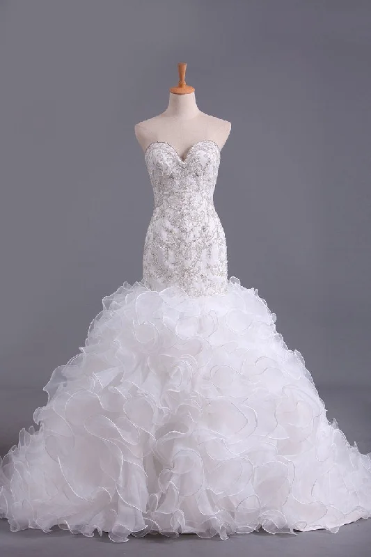 Sweetheart Wedding Dresses Mermaid Organza With Beads And Rhinestones Tunics New arrival