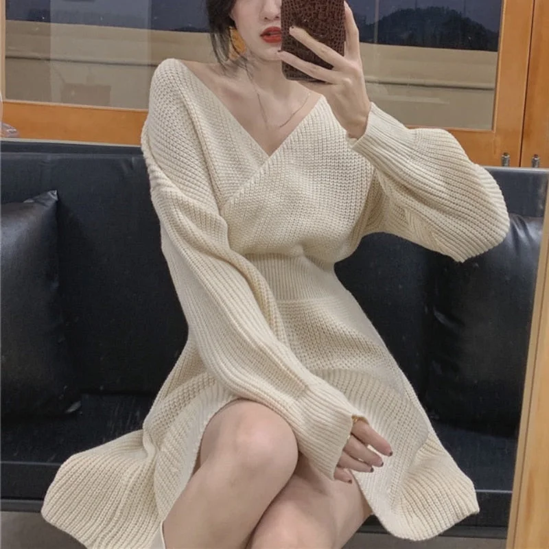 Zjkrl Atumn Knitted Dress Women Long Sleeve V-Neck Sexy Pure Color Elegant Sweater Mini Dress Female Party One Piece Dress Korean Boat Neckline Classic