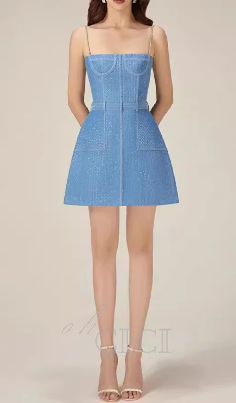 ANDREA DENIM RHINESTONE SUSPENDER MINI DRESS IN BLUE Tunics Trousers formal