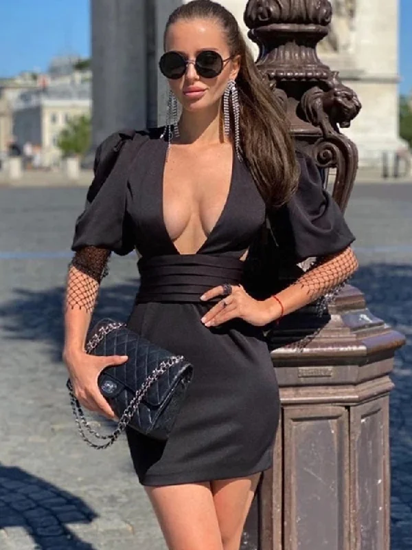 Articat Sexy Puff Crystal Diamond Sleeve Bodycon Dress Women Elegant Backless Mini Dress High Street Black Deep V-neck Vestidos Tunics Long Elegant