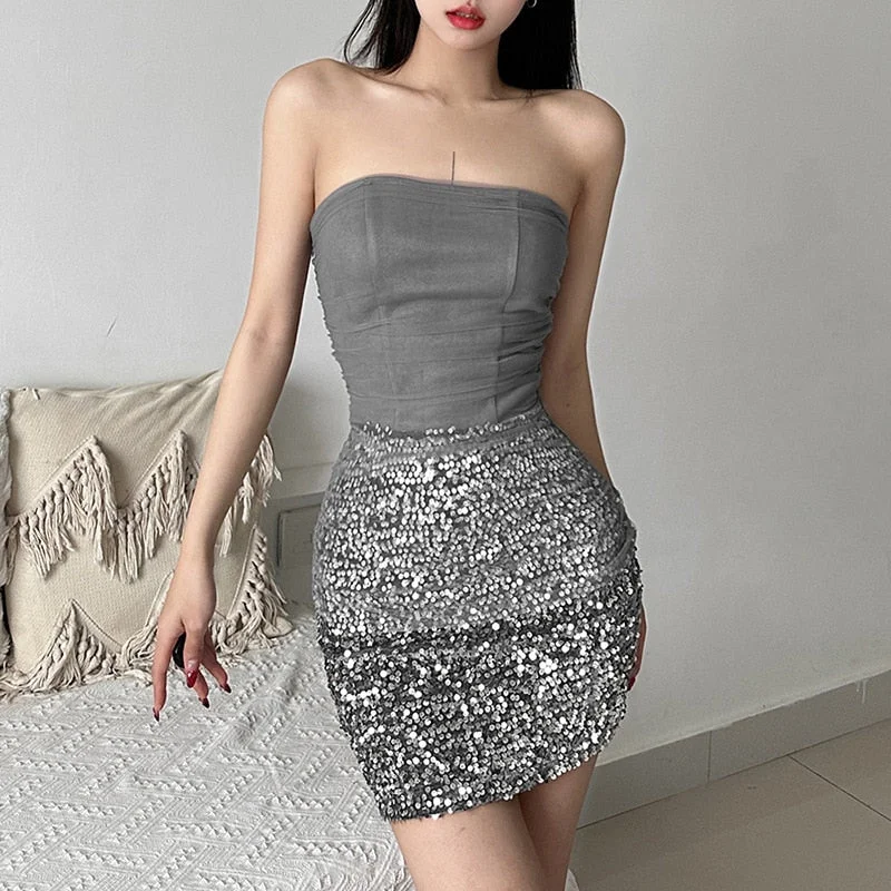 Artistic Patchwork Starry Embellishment Design Intellectual Mature Sexy Evening Party Queen Breast-Wrapped Mini Dress Woman Boatneck Modish Everyday