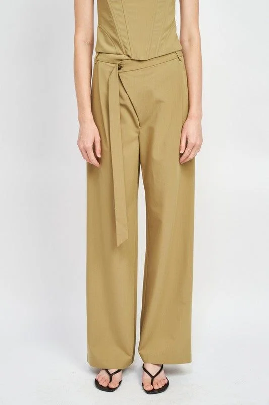 Emory Park | Asymmetrical Long Belt Trousers Wide Leg Loose Fit Mid Waist