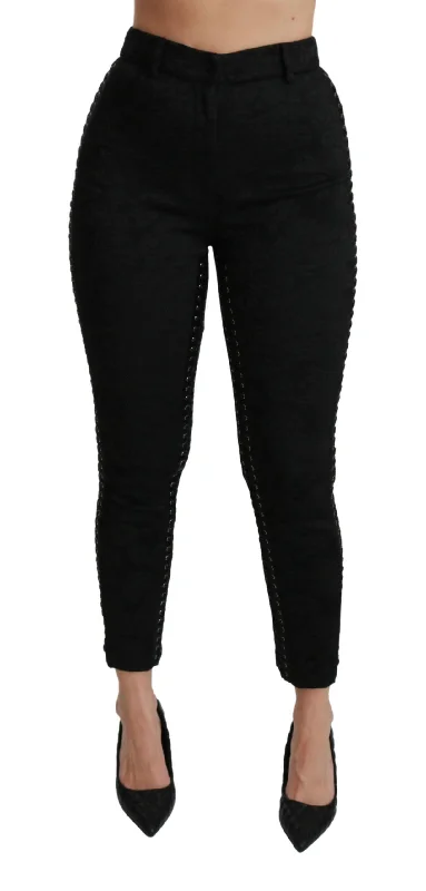 Dolce & Gabbana  Black Stretch Cotton Trousers with Leather Detail Trousers practical easy-care