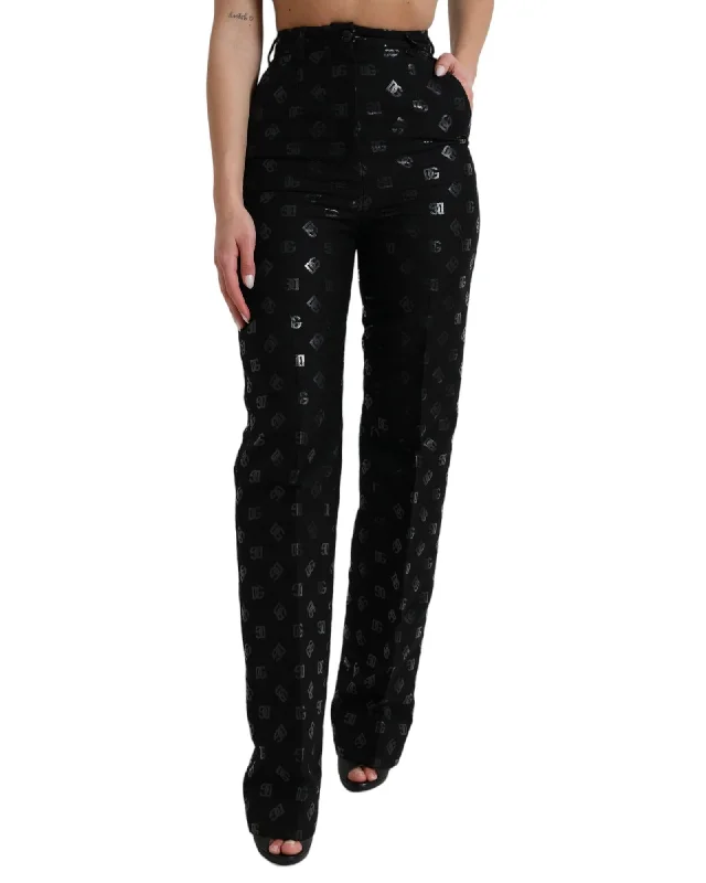 Dolce & Gabbana  Women's High Waist Wide Leg Trousers with DG Logo Print - Black Trousers Floral Bohemian