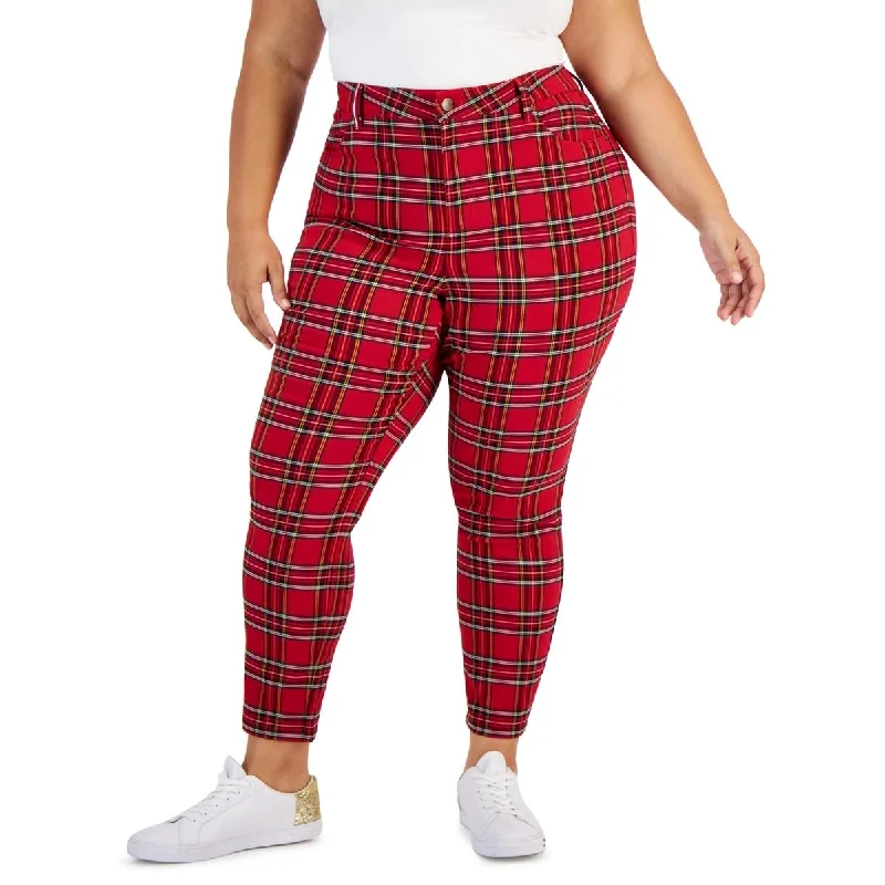 Plus Womens Plaid Skinny Trouser Pants High Waist Slim Fit Ankle Length