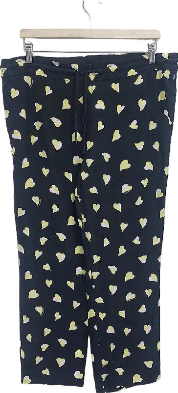 Bimba y Lola Black Heart Print Fluid Trousers UK 10 Wide Leg Loose Fit Mid Waist