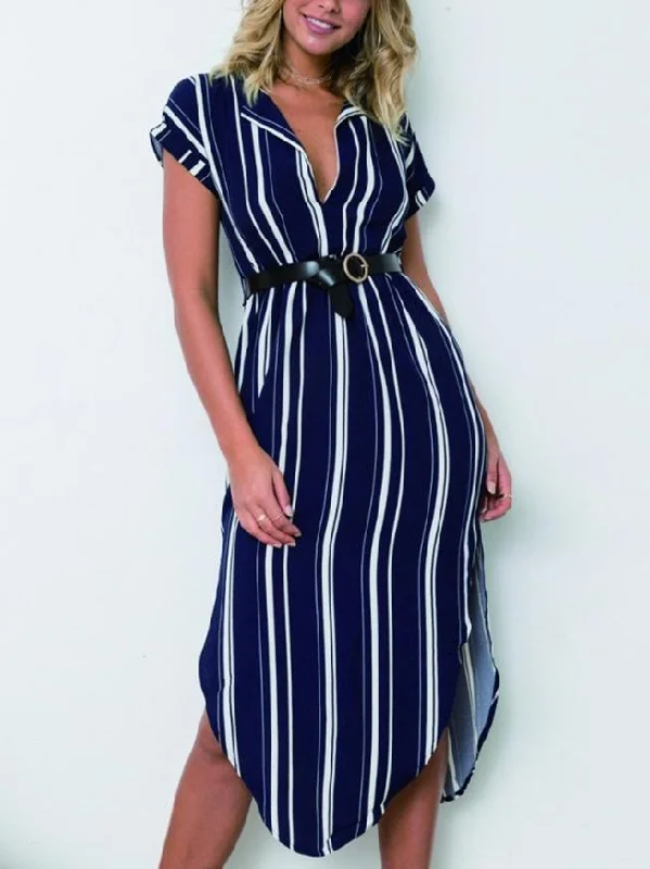 Casual Summer Striped Split-side V-neck Midi Dresses Off-the-shoulder Chic Trendy